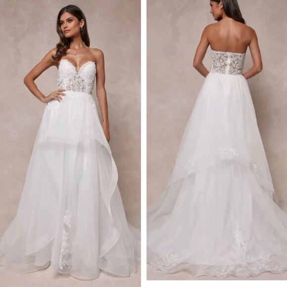 Lulus Mine, All Mine White Embroidered Organza Strapless A-Line Gown Size Medium - Picture 1 of 12